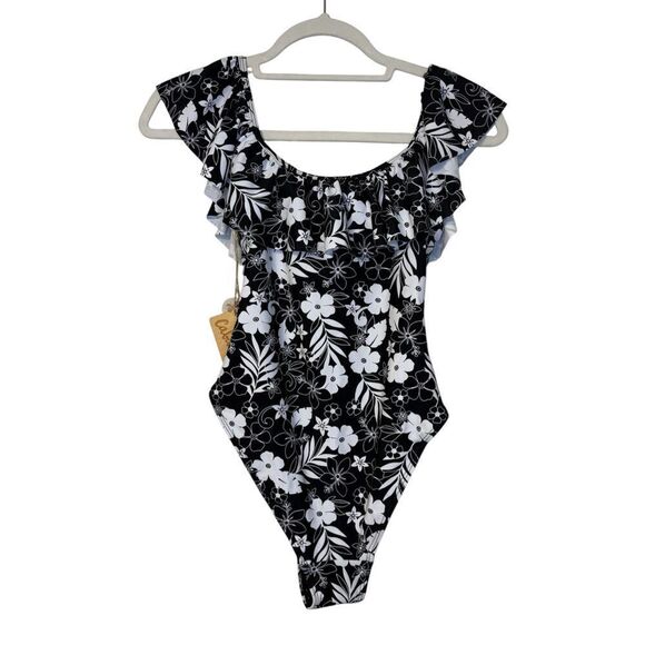NWT Cabana del Sol Black/White One Piece Swim Suit Sz. S Off the Shoulder Ruffle - Picture 1 of 7